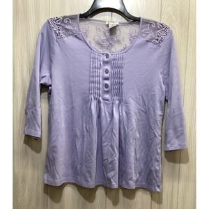 TOGETHER Women's (Size PL) 3/4 Sleeve‎ 1/4 Button Lace Back Accent Shirt